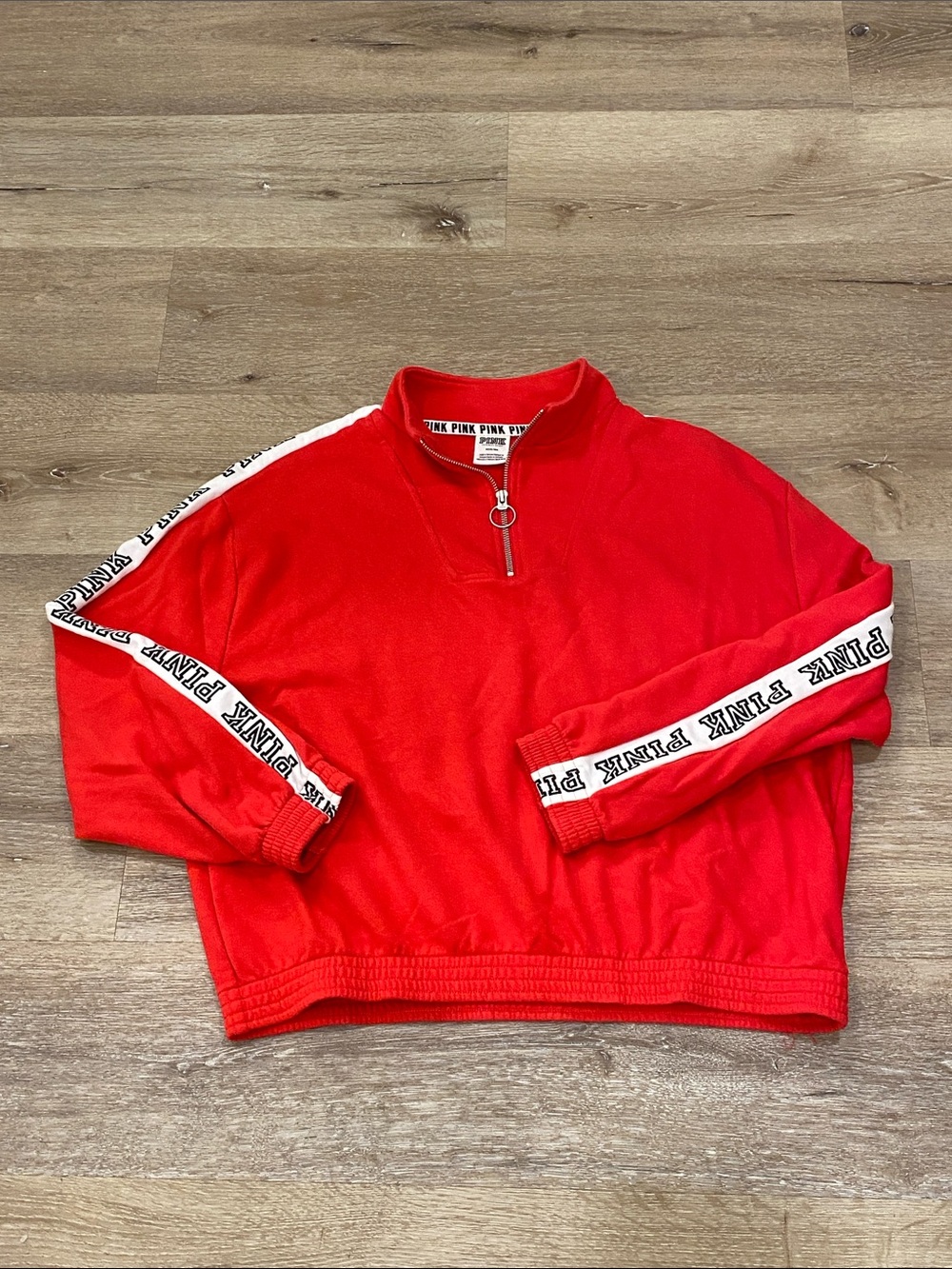 PINK Victoria's Secret Sweatshirt M Red Logo Tape Quarter Zip Campus Pullover ✨
